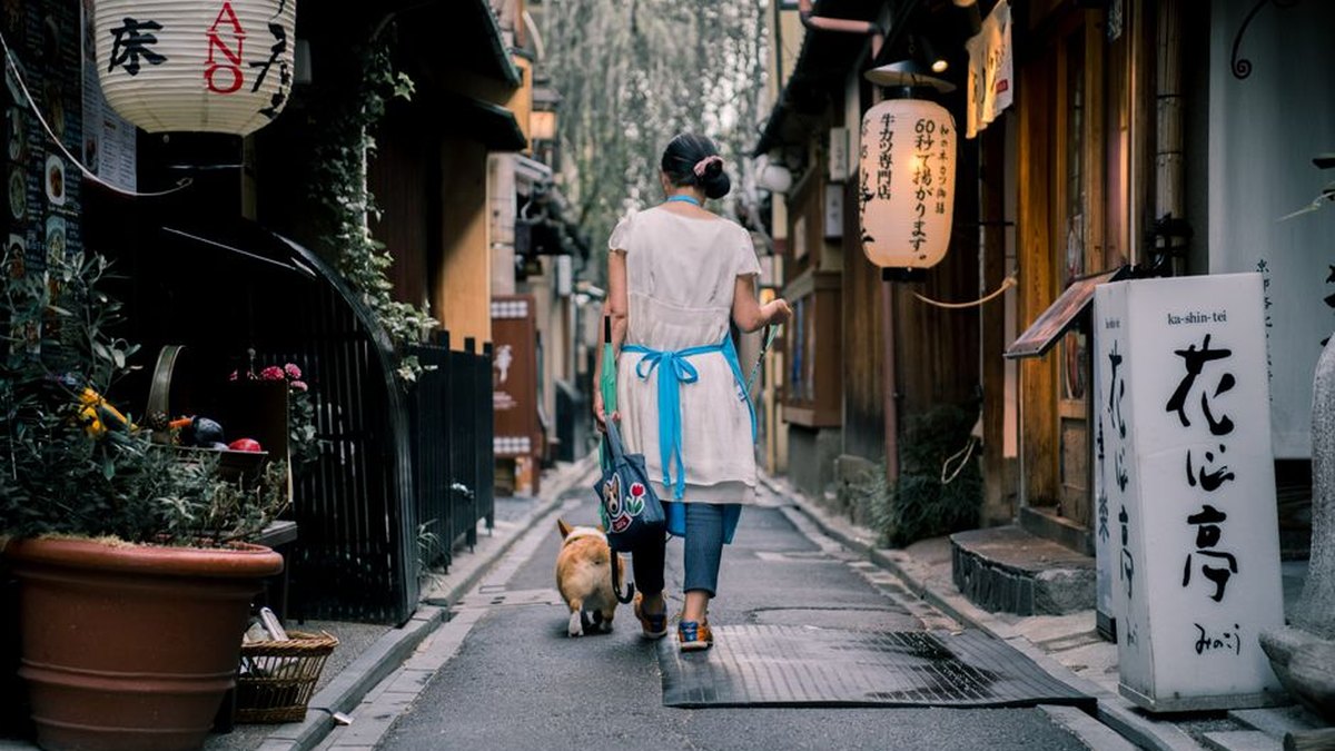 An Asian woman walks her dog through a traditional Kyoto alley, surrounded by lanterns and wooden houses.